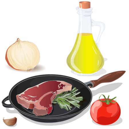 Variety of meat steaks on board with side products and herbs.のイラスト素材