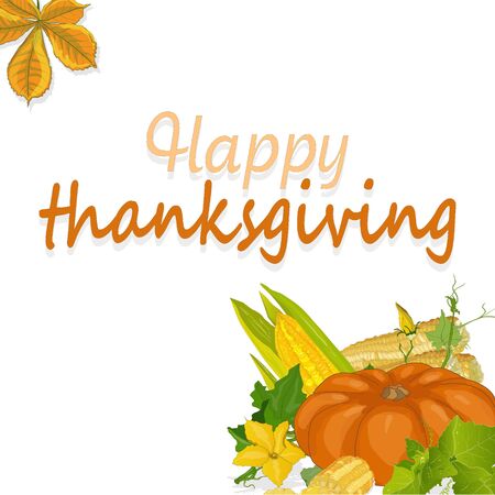 Happy Thanksgiving script with pumpkins and leaves vector illustration on white background.のイラスト素材