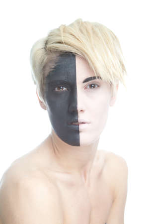 women wearing makeup with split face at an halfの写真素材