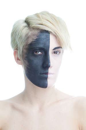 women wearing makeup with split face at an halfの写真素材