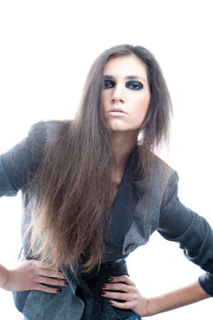Woman with beauty long brown hair - posing at studioの写真素材