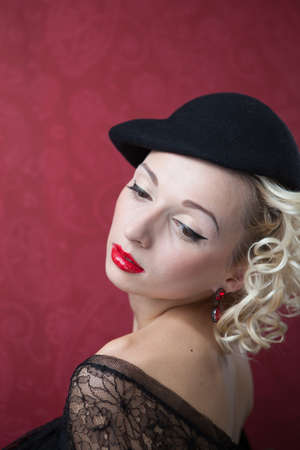 woman in black in retro styleの写真素材