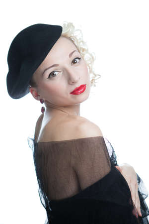 woman in black in retro styleの写真素材