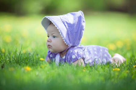 cute baby-girl outdoors playing on a grassの写真素材