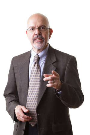 businessman in suit and  pointing finger isolated on white backgroundの写真素材