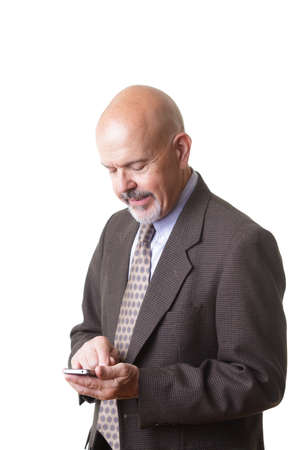 businessman in suit holding smartphone isolated on white backgroundの写真素材
