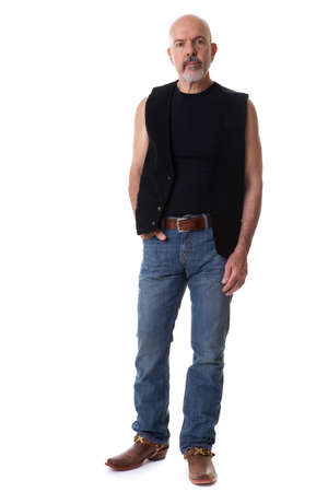 Mature biker, looking into the camera, isolated on whiteの写真素材