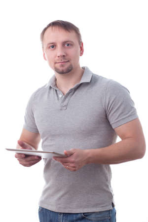 Man holding tablet, isolated on whiteの写真素材