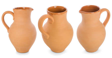 A set clay flagon with handle isolated on white backgroundの写真素材