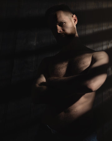 Portrait of a bearded man in the dark.の写真素材