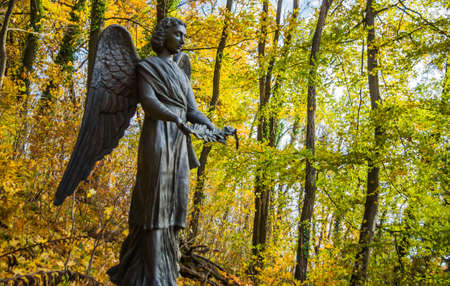 Halloween art design background. Foggy Graveyard at night. Old Spooky cemetery in moonlight through the treesの写真素材