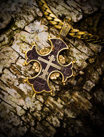gold cross on a tree bark christianity, smutty, trust,
