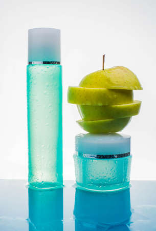 cream with fresh fruits, cosmetic, water beauty apple, splash actionの写真素材