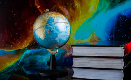 School books on desk, education concept, educate, technology, galaxy, splash business laptop...