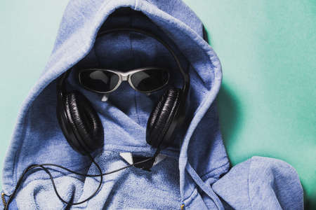 Headphones on green background. Music conceptの写真素材