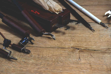 Old tester and other equipment for professional electricianの写真素材