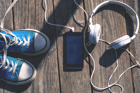 Gadgets on wooden backgroundの写真素材