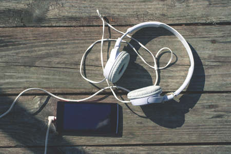 Gadgets on wooden backgroundの写真素材