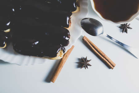 Cakes and Cup of tea on white tableの写真素材