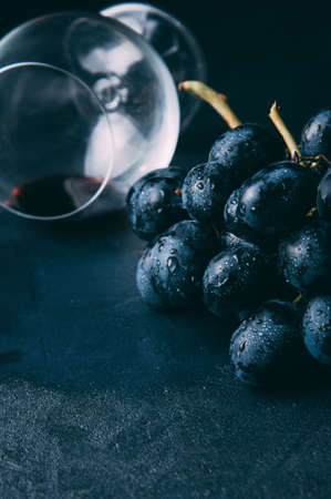 Grapes and red wine on dark backgroundの写真素材