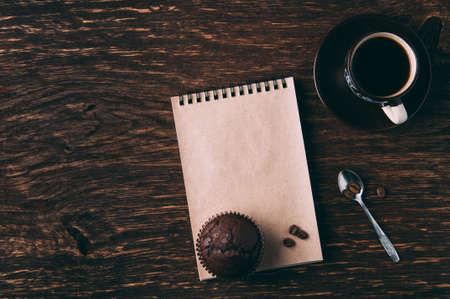 Coffee and chocolate cake on a dark backgroundの写真素材