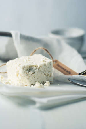 Fresh homemade cheese on a light tableの写真素材