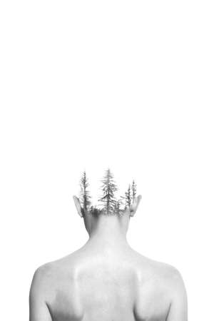 The girl and the forest. Double exposure,  black and white photoの写真素材