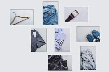 Fashionable men's clothing. Collage on grey concrete backgroundの写真素材