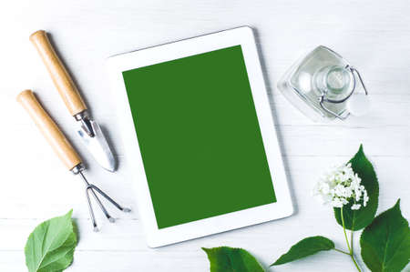 Garden tools and hydrangea flower on old wooden tableの写真素材