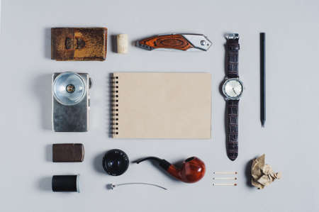 Mens vintage casual things on a gray background. Flat lay and top view