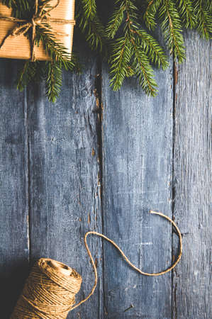 Christmas decoration on a blue wooden background. Template for text or design
