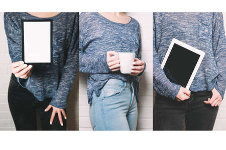 A woman holding a tablet pc in her hands. Custom collage. Template for design or appの写真素材