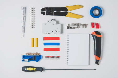 Tools for electrician. Flat lay and top view. Copy space for text