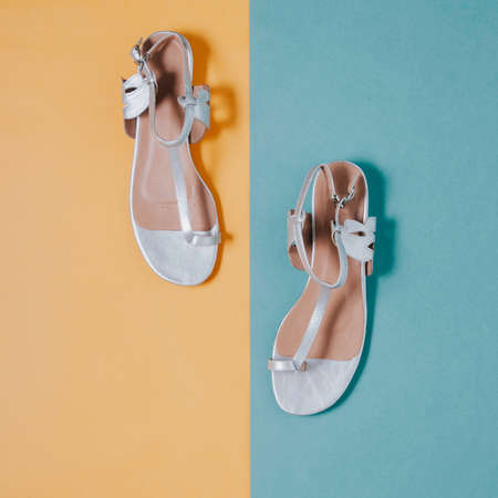 Silver women's sandals on a yellow-green background. Flat lay and top viewの写真素材