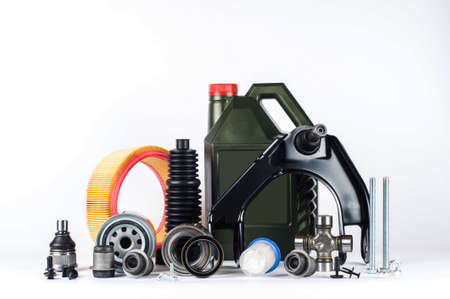 Set of car parts for maintenance or tuning on white backgroundの写真素材