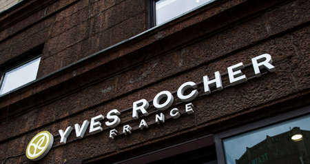 Russia, Moscow, September 28, 2019: YVES ROCHER logo and text on the shop windowのeditorial素材