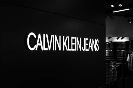 Russia, Moscow, October 10, 2019: CALVIN KLIEN JEANS logo on the shop windowのeditorial素材