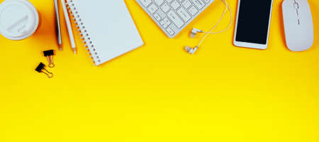 White keyboard, mouse and Notepad on light yellow background. Flat lay and top view, copy space for...