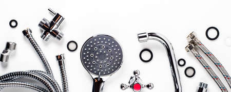 Set of plumbing for bathroom or shower on a white background. Flat lay and top view, copy space for textの写真素材
