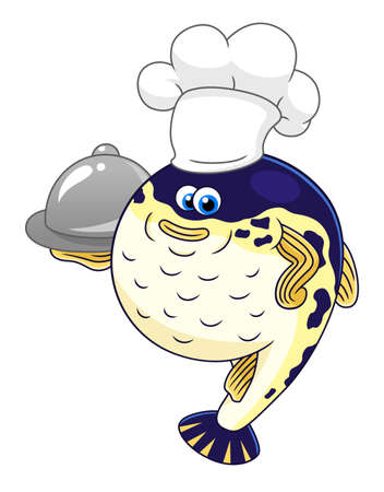 Cartoon cute puffer fish chef with a clocheのイラスト素材