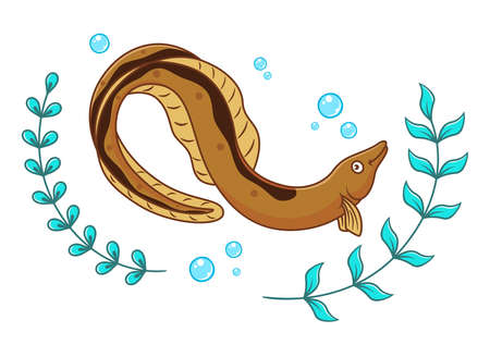 Cartoon eel and seaweed with air bubbles