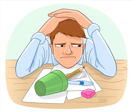 Cartoon upset man sits at the table and clutching head. Stress illustration.のイラスト素材