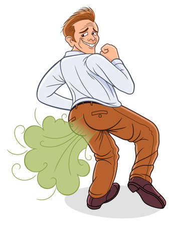 Cartoon funny farting man dancing isolated on white background