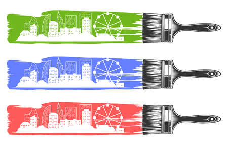 City silhouette in paint trail and paint brushのイラスト素材