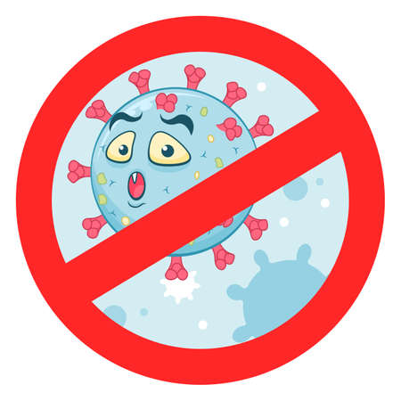 Cartoon funny sad and surprised covid virus in stop signのイラスト素材