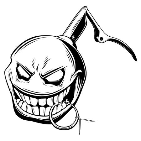 Hand grenade smiling with safety pin in teeth black and white illustrationのイラスト素材