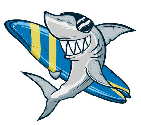 Funny smiling shark with sunglasses and surfboard isolated on white backgroundのイラスト素材