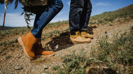 four legs, Hiking shoes, walking on the mountain road, trekking shoes, outdoors, outdoor, pairの写真素材