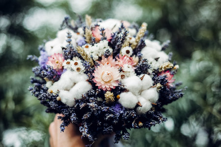 Bridal bouquet of dried flowers, wedding bouquet, lavenderの写真素材