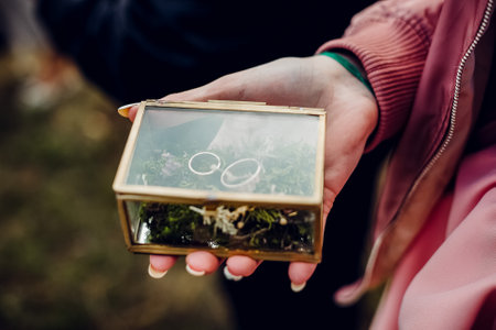 wedding rings, wedding rings and bouquet in one composition, ring box, wedding day, close-up